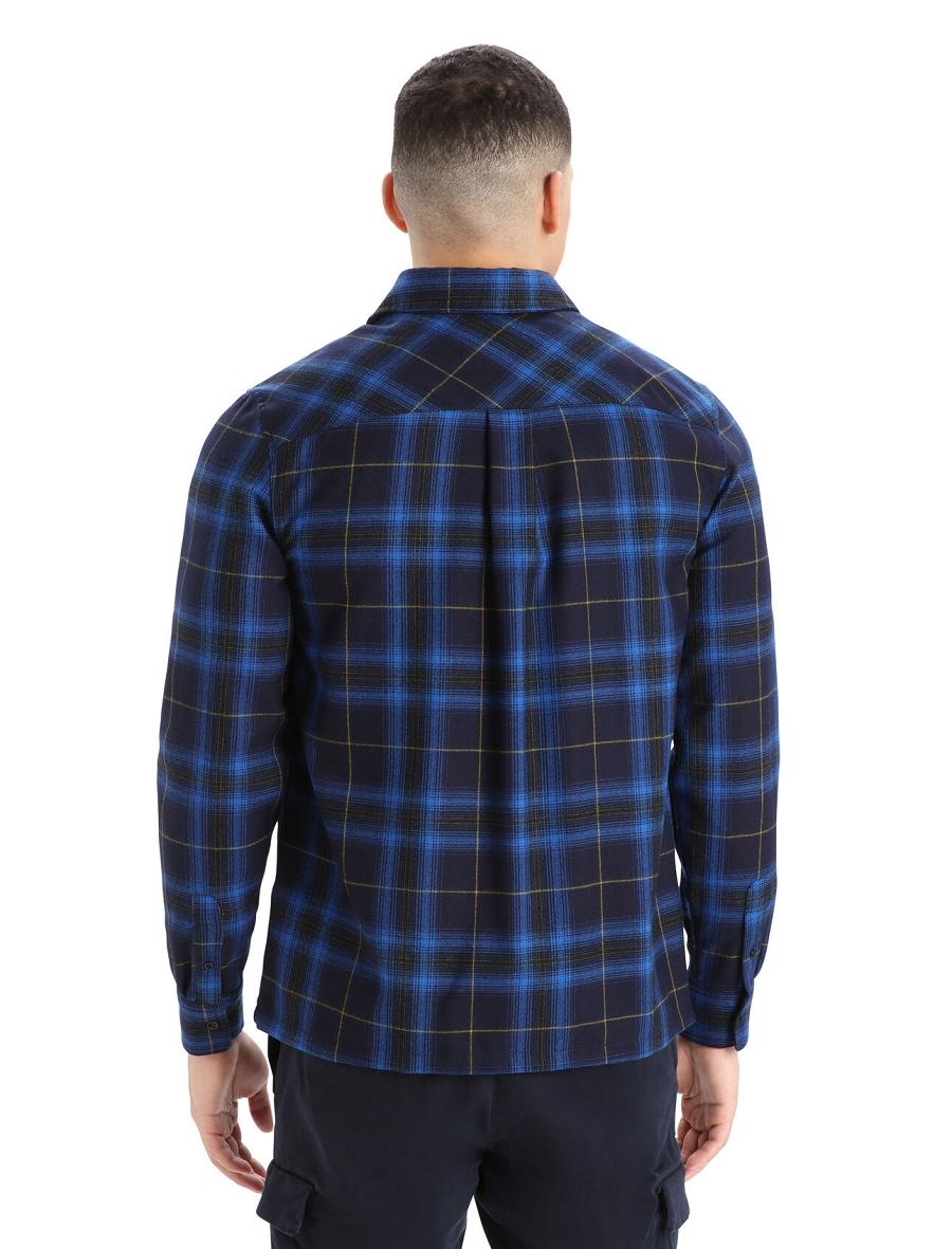 Midnight Navy Men's Icebreaker Merino Dawnder Long Sleeve Flannel Shirt Plaid Hoodie | USA 1255OKIR